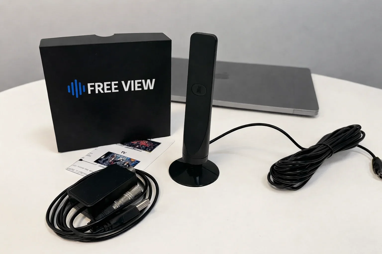 FreeView complete package contents including box, antenna, cables, and accessories